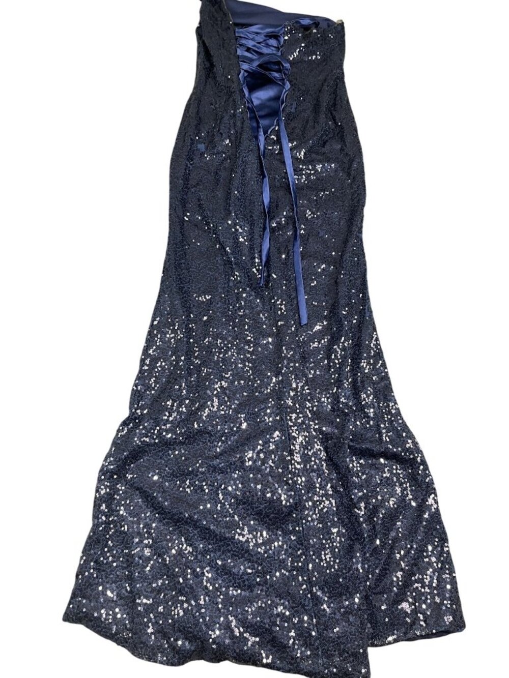 Lavetir Womens Navy Blue Sequin One-Shoulder Lace-Up Back Formal Gown XS